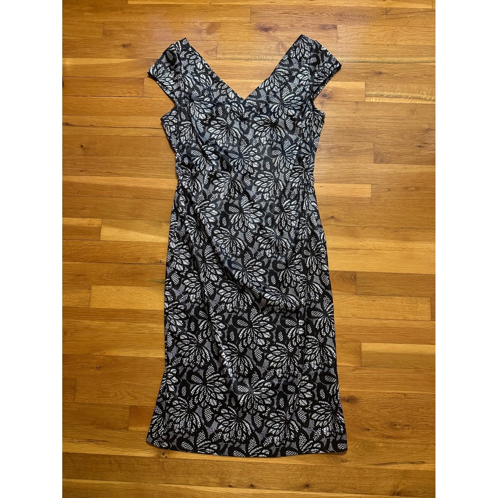Maggy London Petites Black White Floral Lace Print V-Neck Sheath Dress 14P